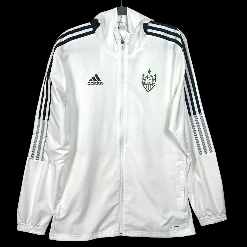 Adidas Mens OKC Energy FC Aeroready Full Zip Hooded Windbreaker Jacket White M